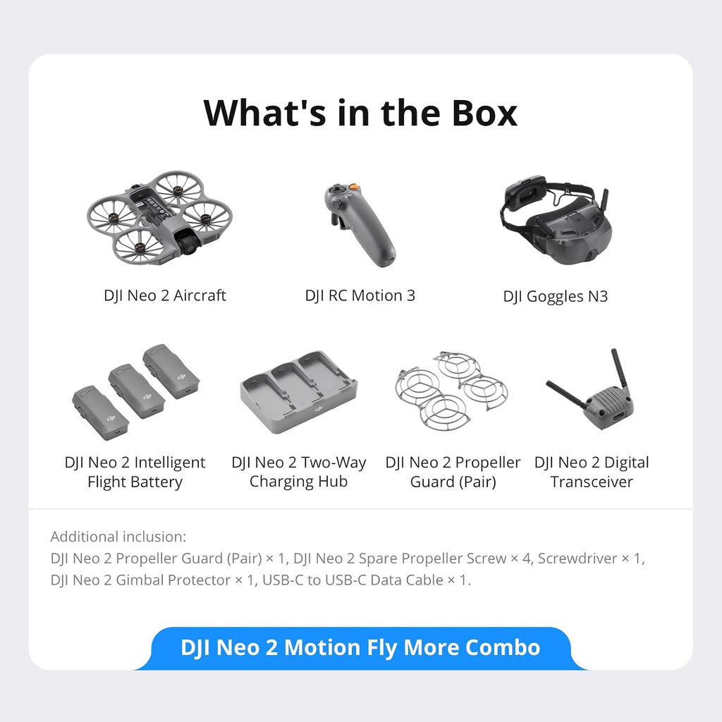 DJI Neo 2 Motion Fly More Combo with RC Motion 3 & Goggles N3 | Stable Transmission with Digital Transceiver, 4K Drone for Beginners, FPV Flying, 3 Batteries